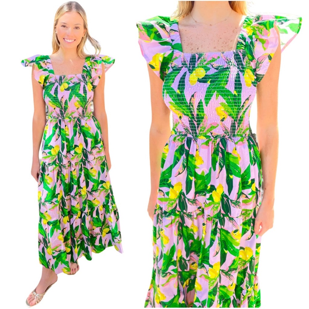 8 Oak Lane 🍋LAVENDER LEMONS 🍋 SMOCKED FLUTTER sleeve DRESS size medium